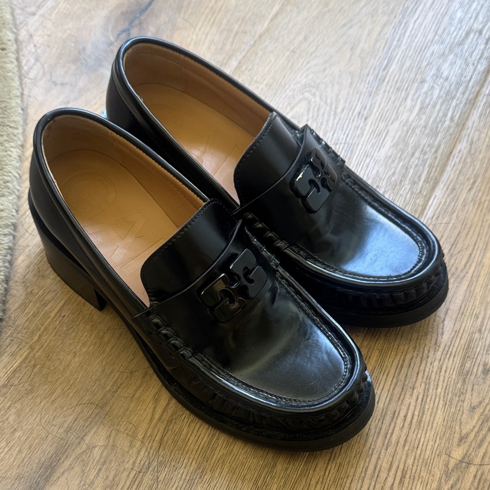 Ganni Black Leather Block Heel Loafers